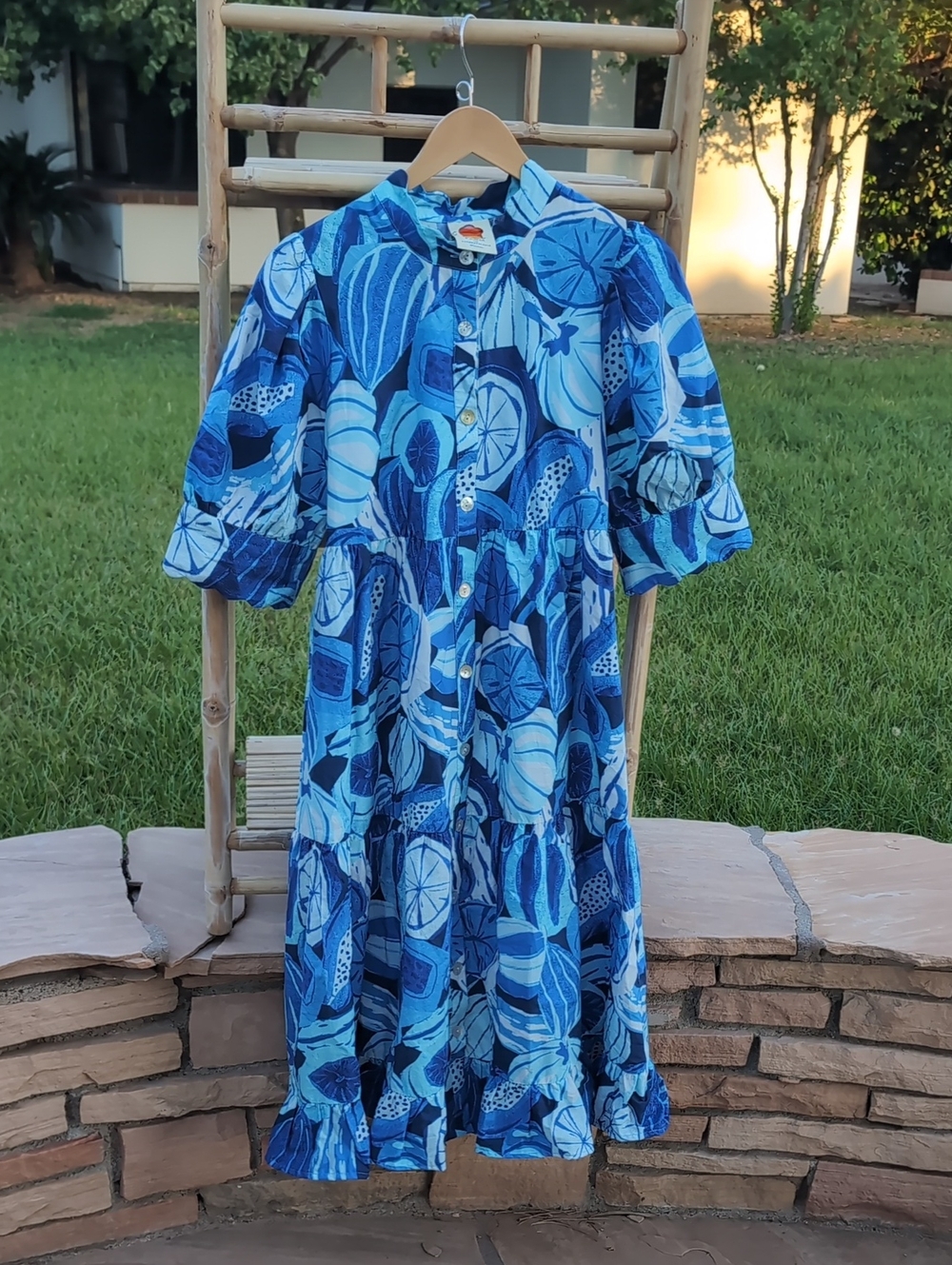 Farm Rio Blue Tropical-Print Button Midi Dress 100% Cotton - Picture 2 of 5